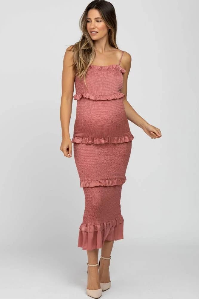 Mauve Satin Chic Maternity Midi Dress with Adjustable Straps | Image