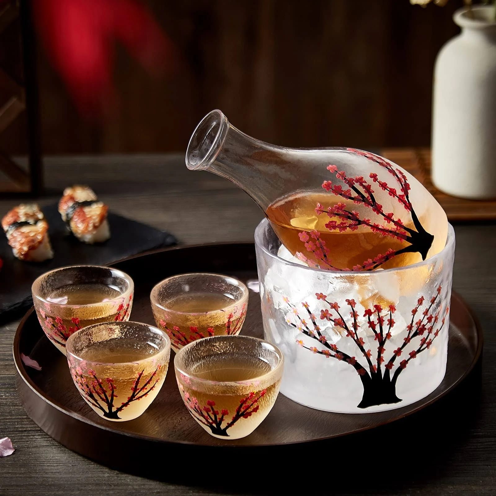 Hand-Painted Sakura Sake Set - Premium Glass Wine Collection for Chilling or Warming | Image