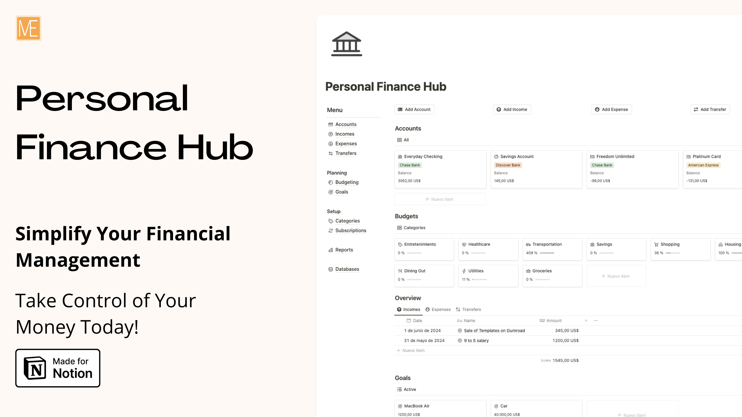 Personal Finance Hub by Marco Elizalde  | Elcovia Marketplace | Notion Templates | Notion Creators