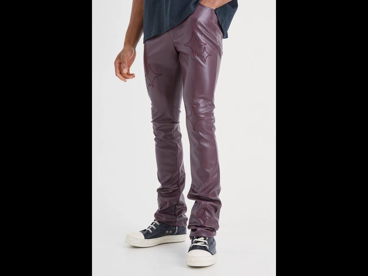 mens-fixed-waist-skinny-stacked-flare-applique-pu-pants-purple-1