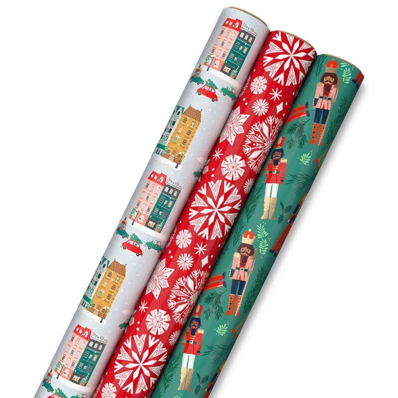Unique Christmas Wrapping Paper Tri-Pack - Winter City Scene, Rustic Snowflakes, Nutcrackers | Image