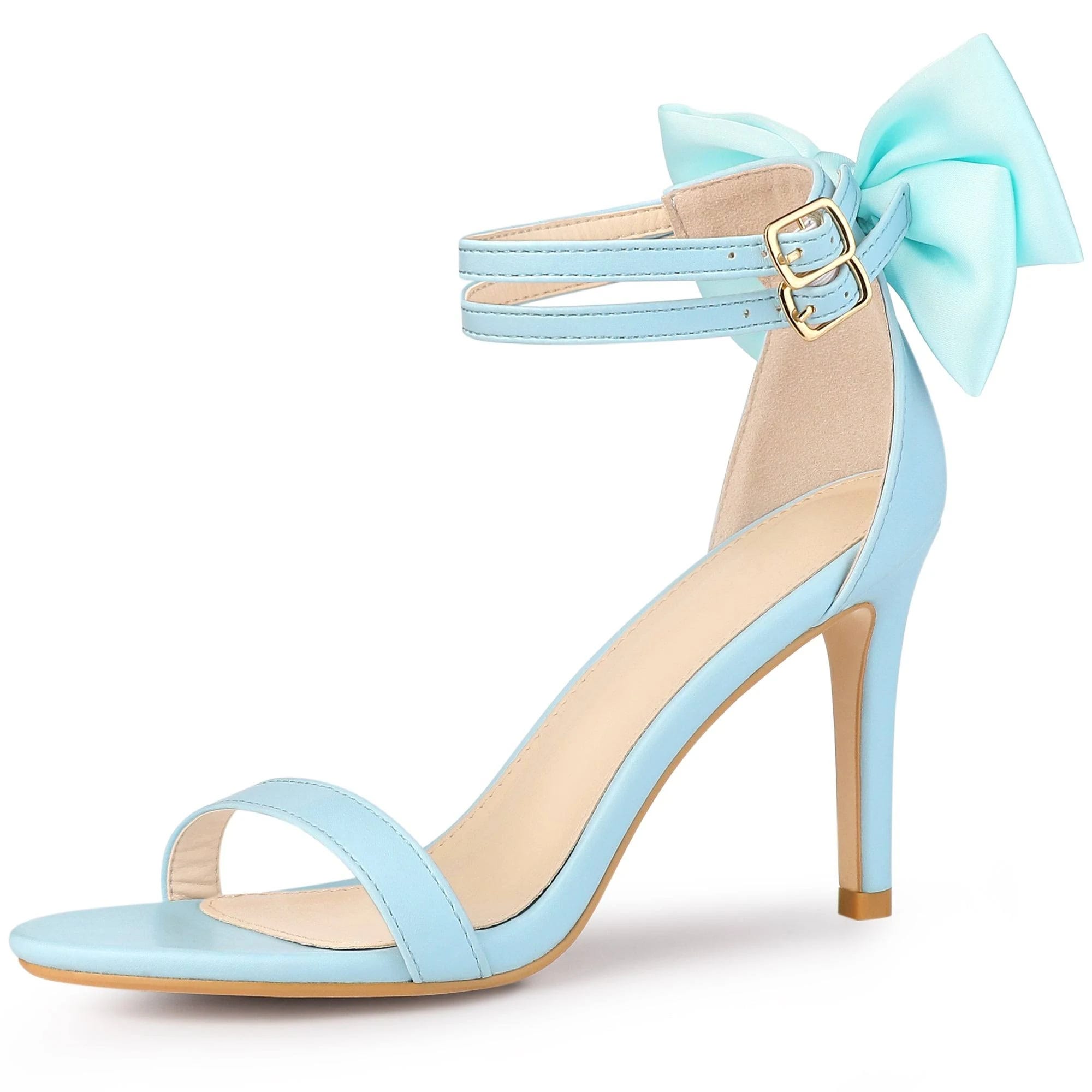 Light Blue Bow Back Ankle Strap Stiletto High Heels | Image