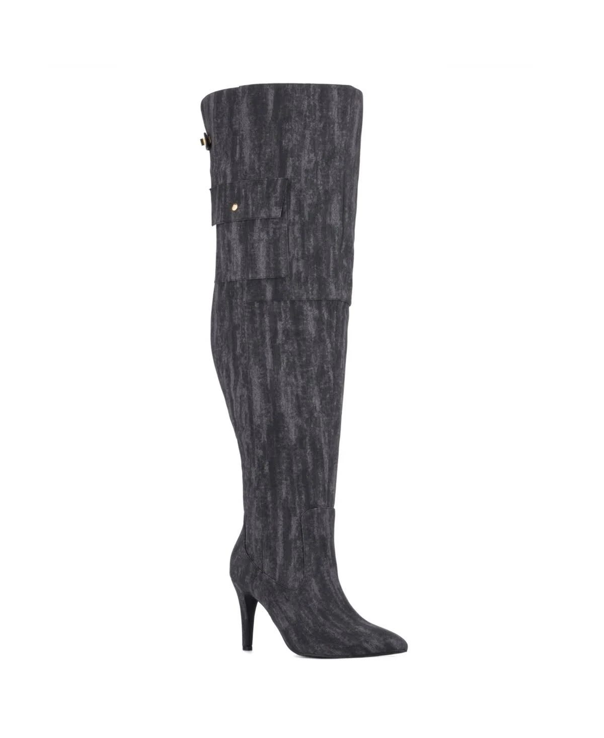 Women's Grey Knee-High Boots with Pointy Toe and Side Pocket | Image