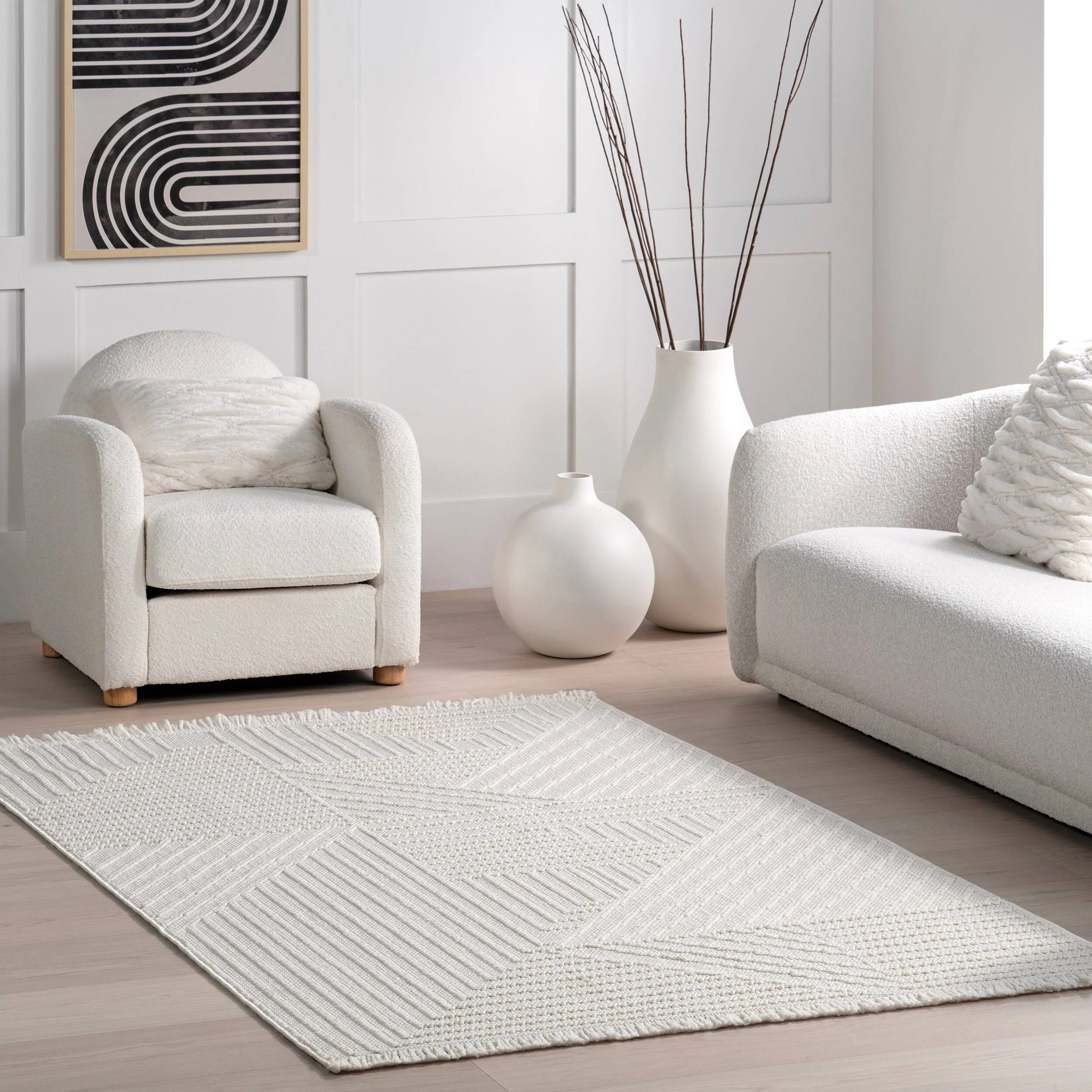 Stylish Geometric Pattern Rug - Off White High-Low Area Rug | Image