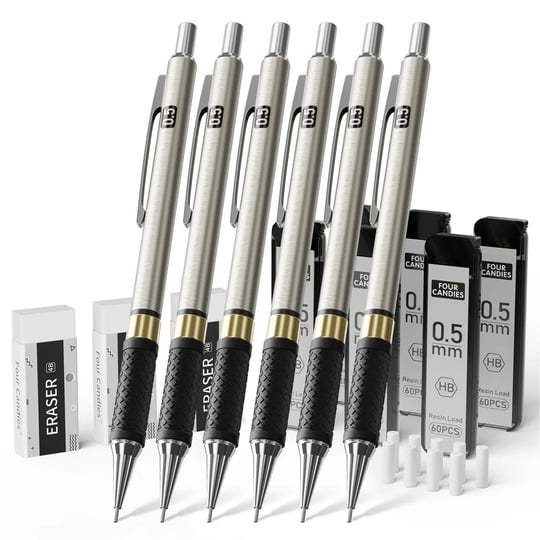 four-candies-metal-mechanical-pencil-set-6pcs-0-5mm-art-mechanical-pencils-360pcs-hb-lead-refills-3p-1