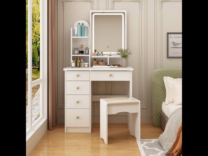 fufugaga-contemporary-white-makeup-vanity-table-with-mirror-and-stool-5-drawers-mdf-material-easy-as-1