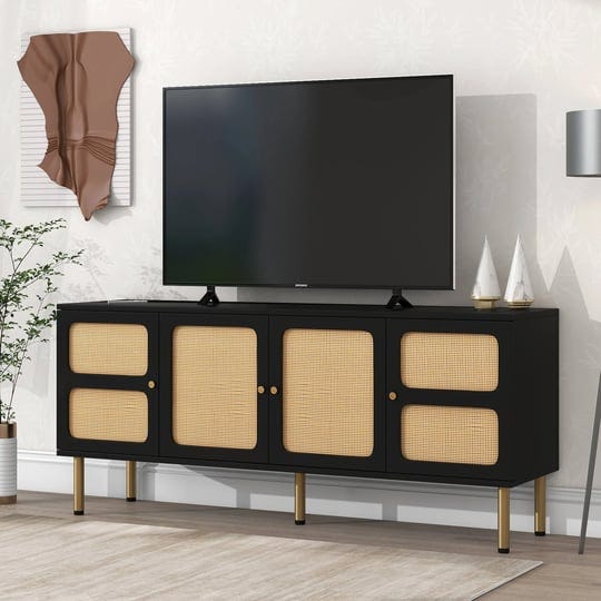 64-9-tv-stand-with-rattan-doors-fits-tvs-up-to-70-woven-media-console-table-with-gold-metal-base-bla-1