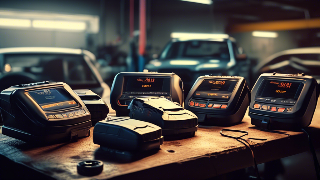 An array of OBD-II scanners displayed on a workbench in an automotive repair shop, with cars being serviced in the background, highlighted by warm ambient lighting.