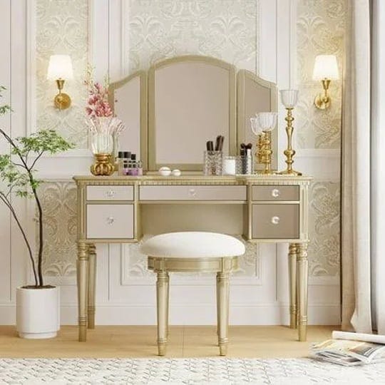 semiocthome-french-makeup-vanity-table-and-cushioned-stool-set-with-mirror5-drawersbedroom-gold-size-1