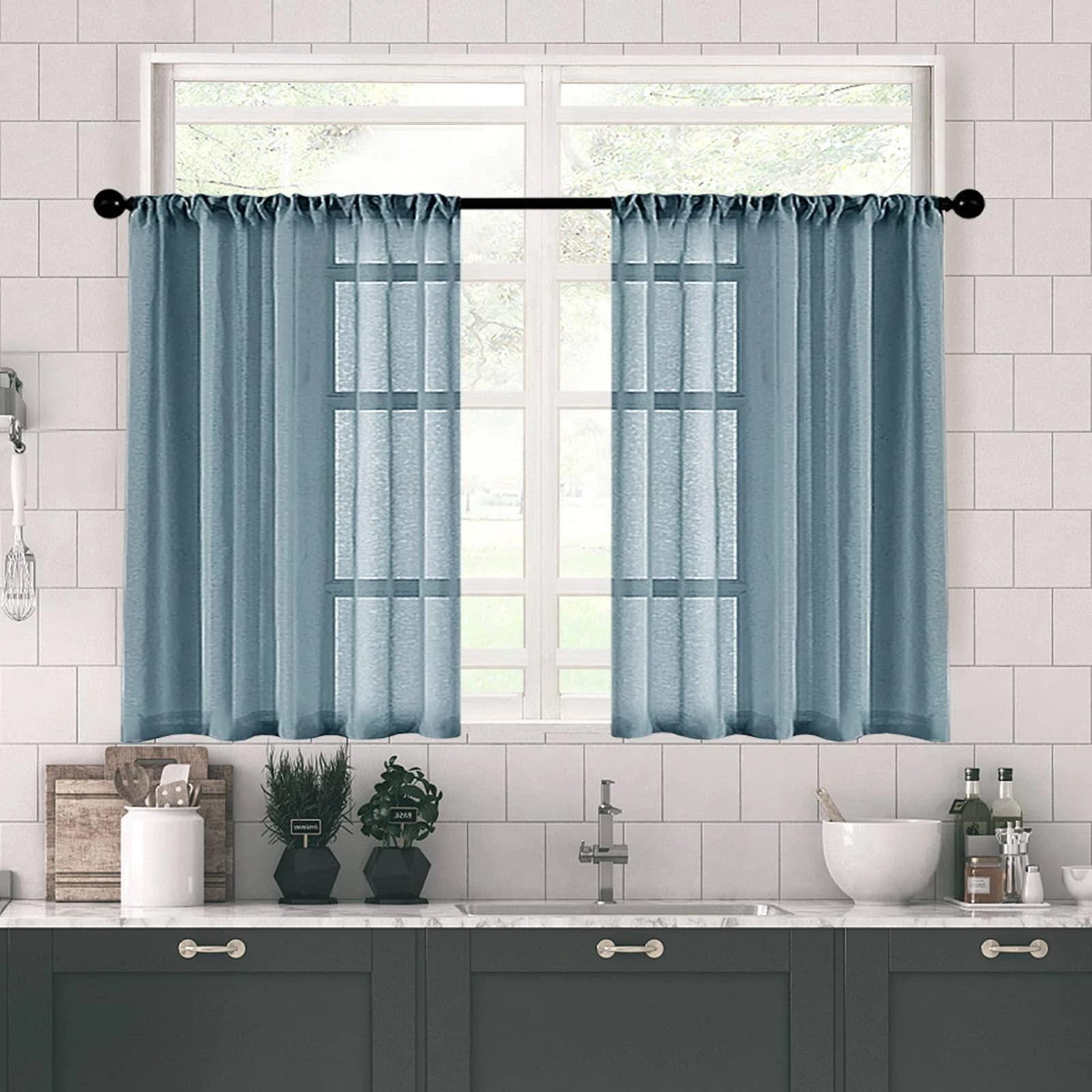 Soft and Breathable Blue Haze Kitchen Sheer Tier Curtains | Image