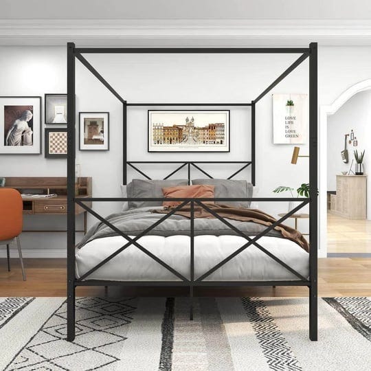 60-63-in-wide-queen-size-unique-x-shaped-frame-black-platform-bed-with-metal-slats-support-canopy-be-1