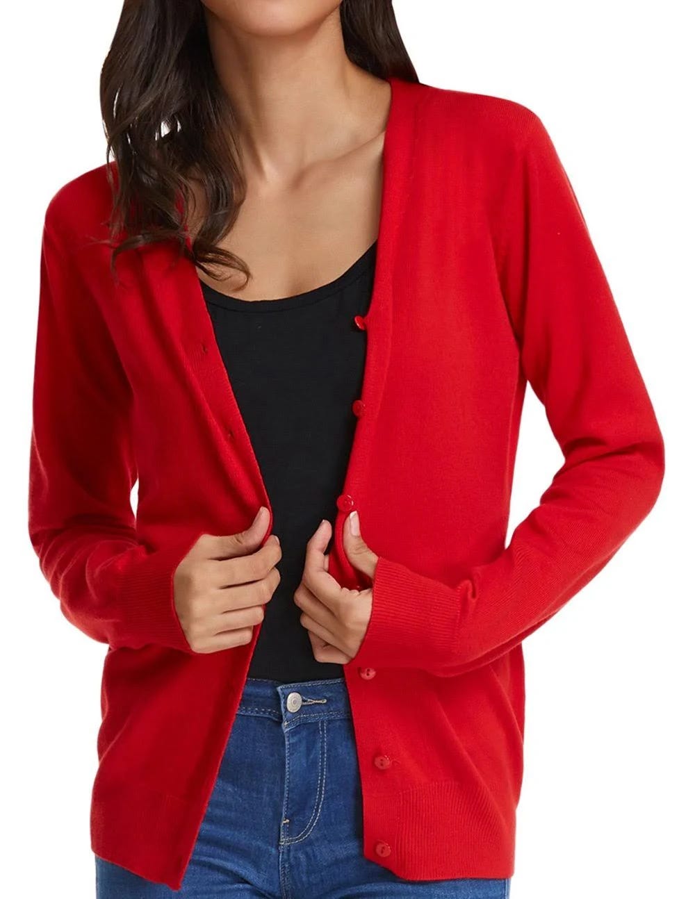 Chic, Lightweight Red V-Neck Cardigan for Women | Image