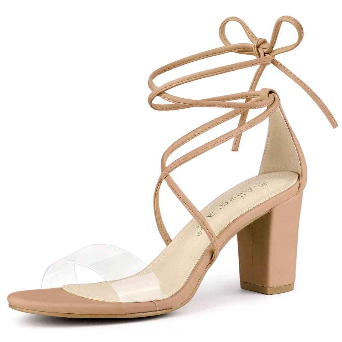 Lace-Up Clear Strap Block Heels with Comfortable Insole | Image