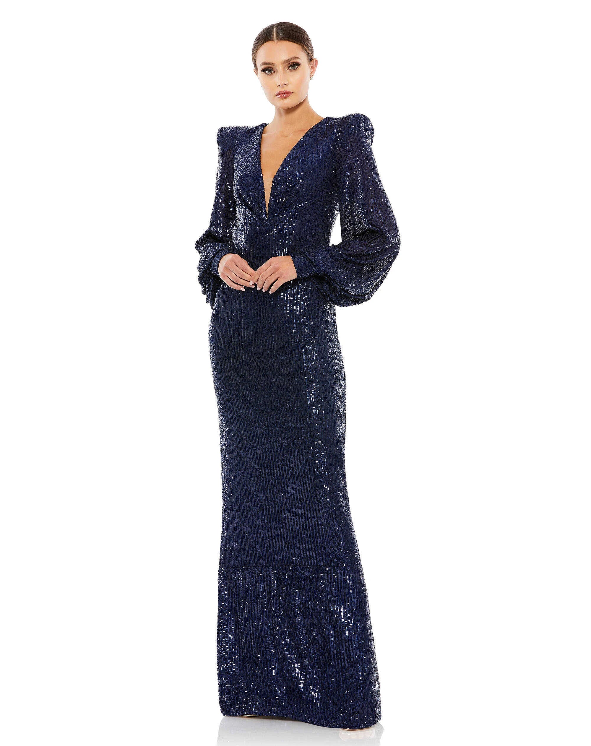 Stunning Sequined Plunge Gown with Long Sleeves | Image