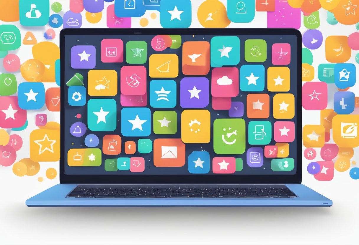 A laptop displaying a positive TopicMojo review, surrounded by colorful icons and a glowing star rating