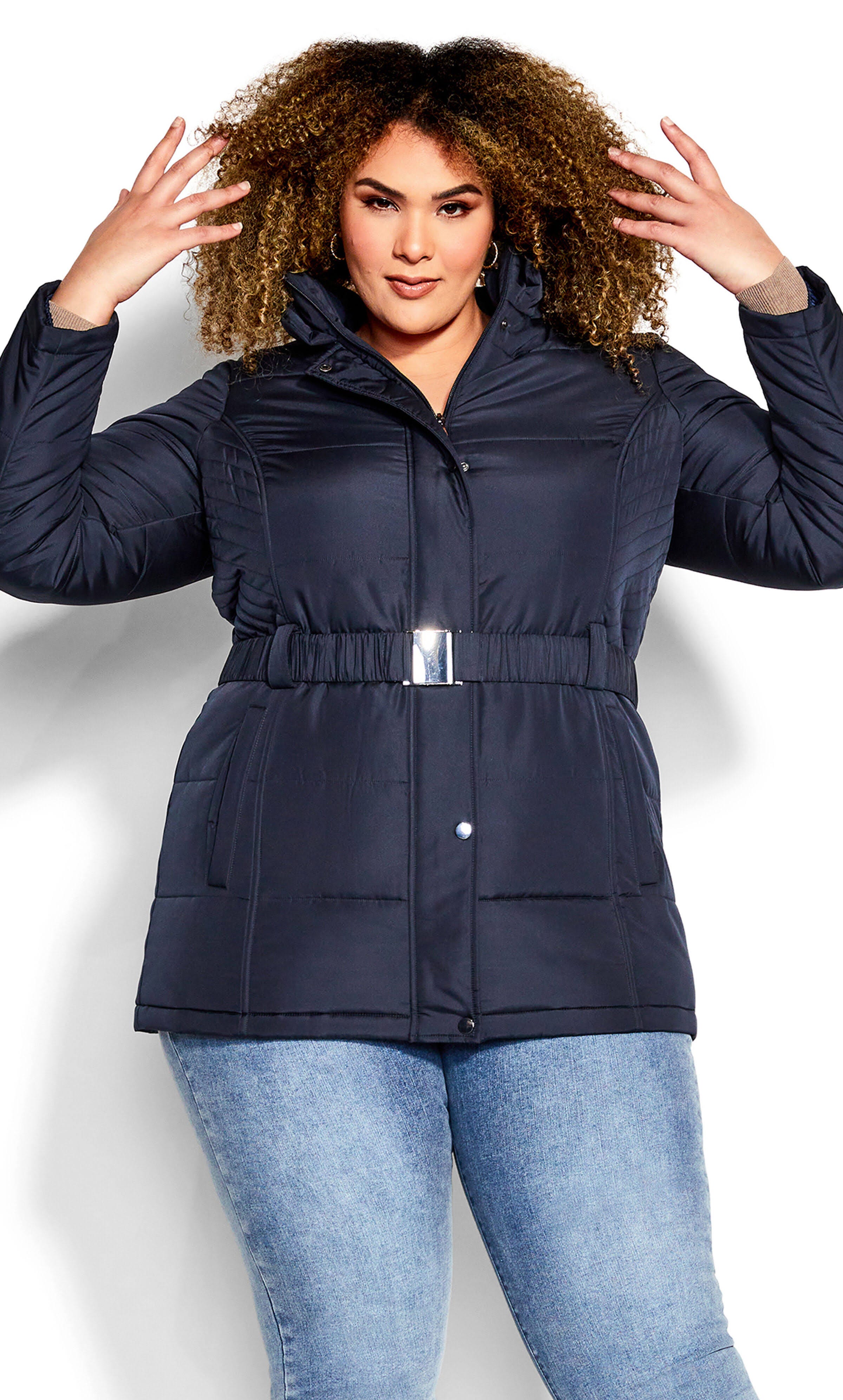 Plus Size Navy Hooded Puffer Coat with Belted Fashion Details | Image