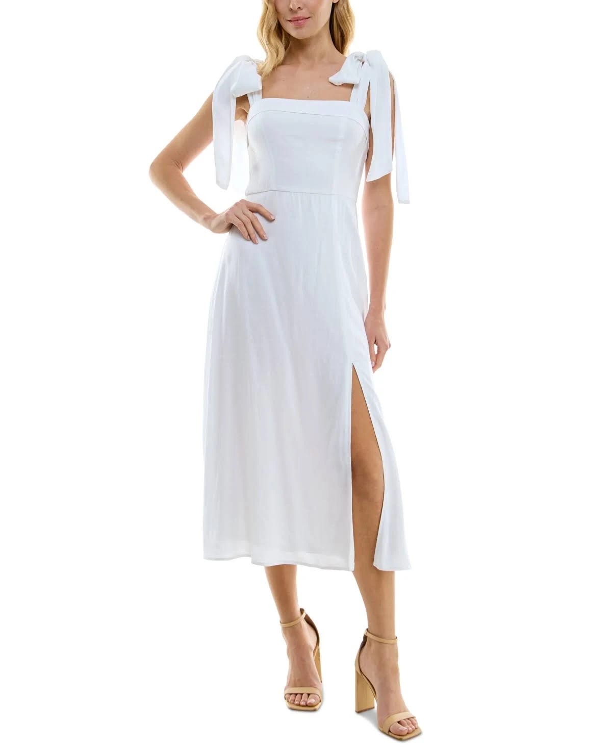 White Tie-Shoulder Midi Dress with Adjustable Straps | Image