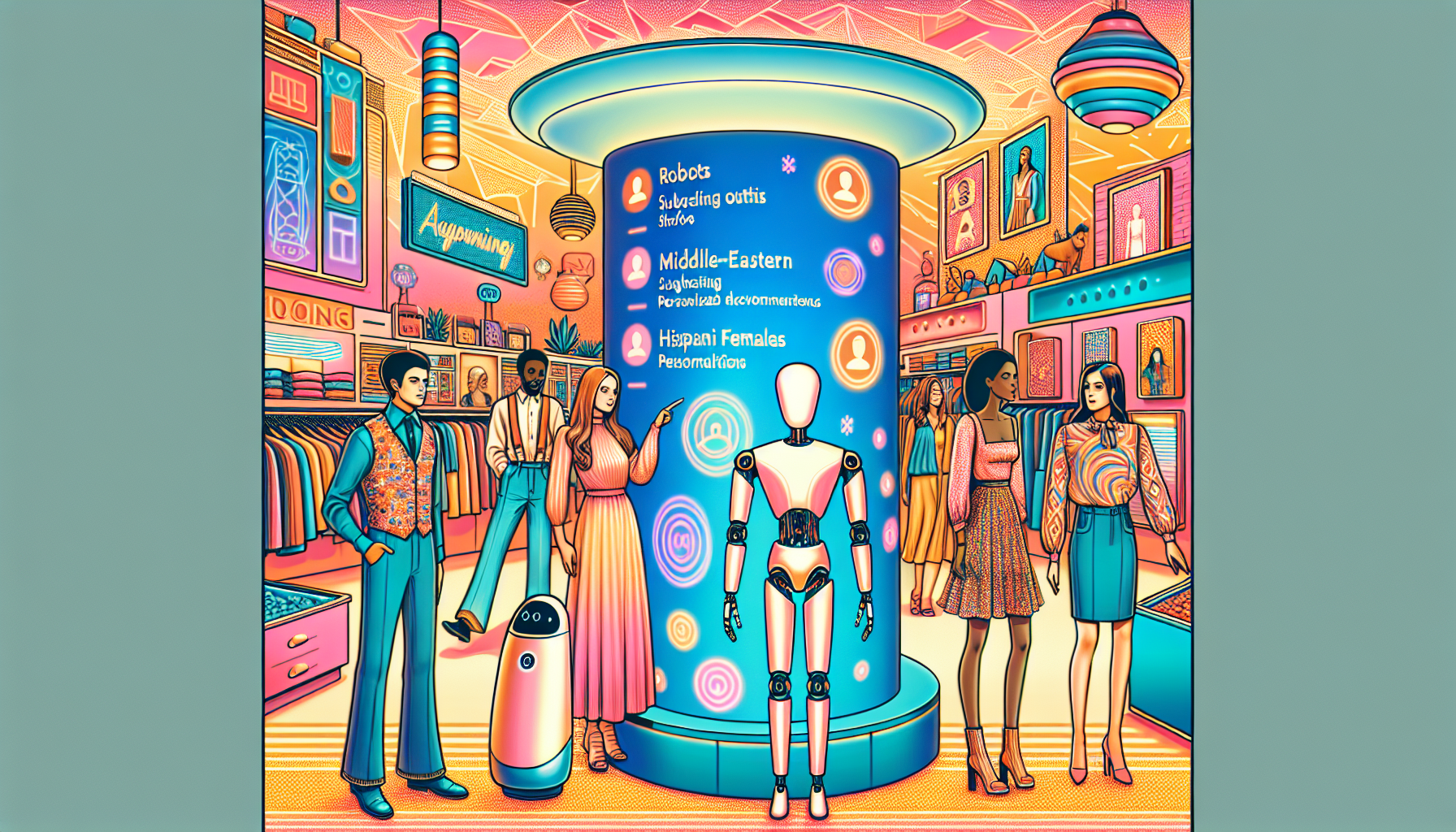 Create a vibrant scene depicting a futuristic retail store where AI technology is seamlessly integrated into the shopping experience. Show robots and AI assistants helping customers, smart mirrors suggesting outfits, and interactive digital displays that provide personalized recommendations. Include diverse shoppers engaging with these technologies, creating an atmosphere of innovation and convenience.