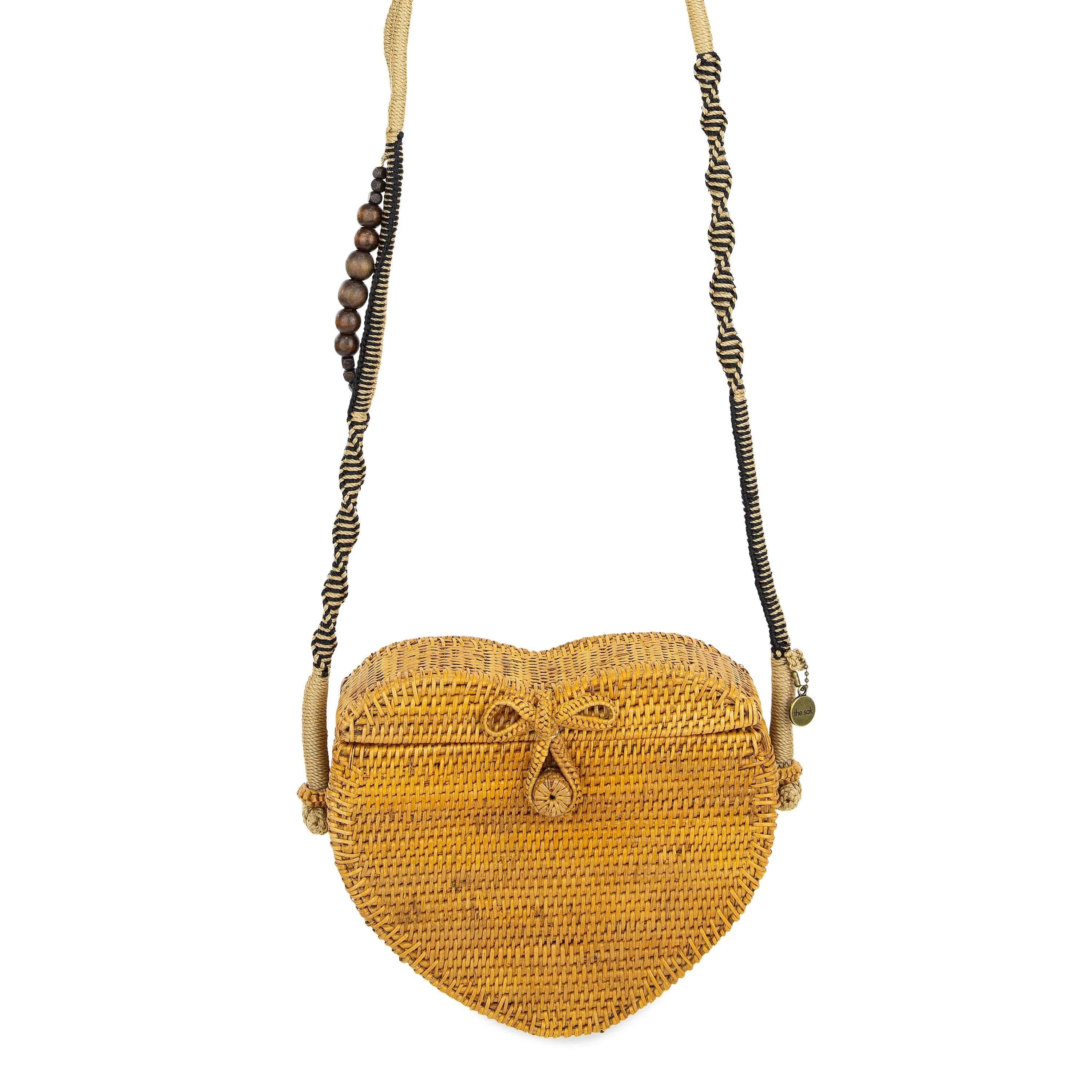 Natural Rattan Heart Crossbody Bag - Straw Tan | Image