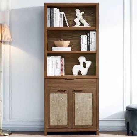 Rattan Farmhouse Style 5-Shelf Bookcase with Hidden Adjustable Shelf | Image