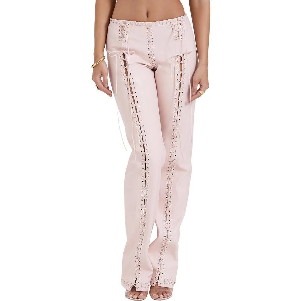 Pink Lace-Up Mid-Rise Faux-Leather Trousers | Image