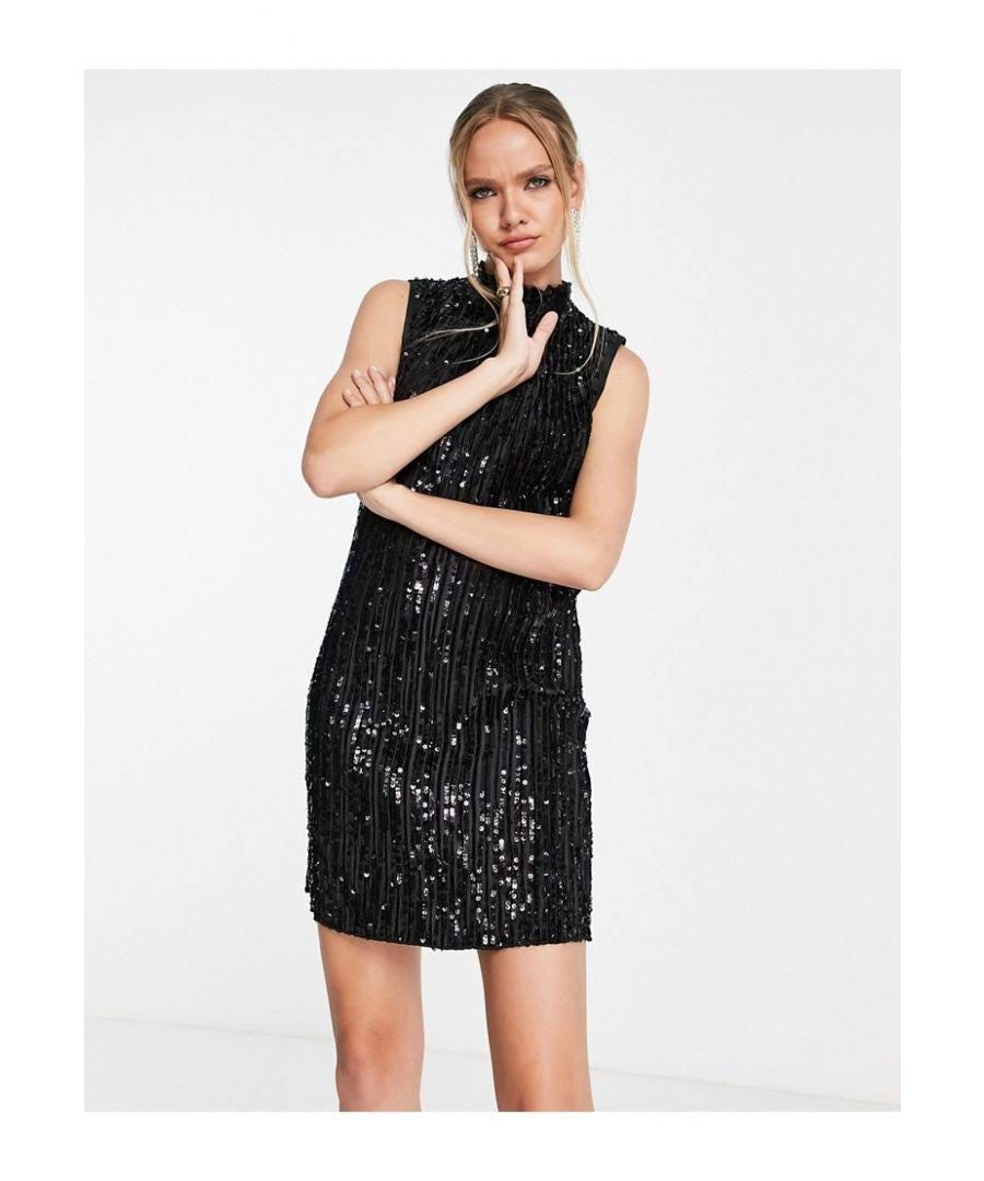 Black Sequin Mini Dress with Embellished Neckline | Image