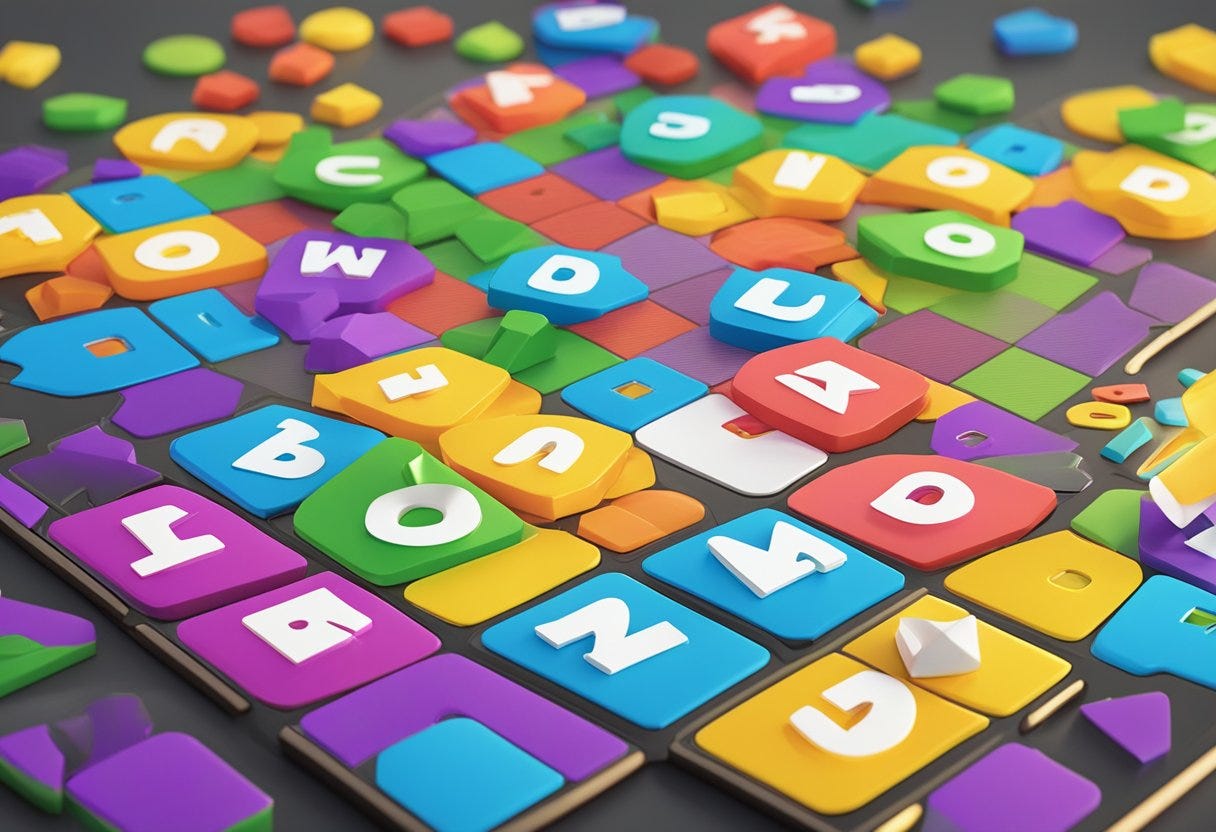 A colorful array of WordHero game pieces arranged on a vibrant game board, with a mix of letters and point values