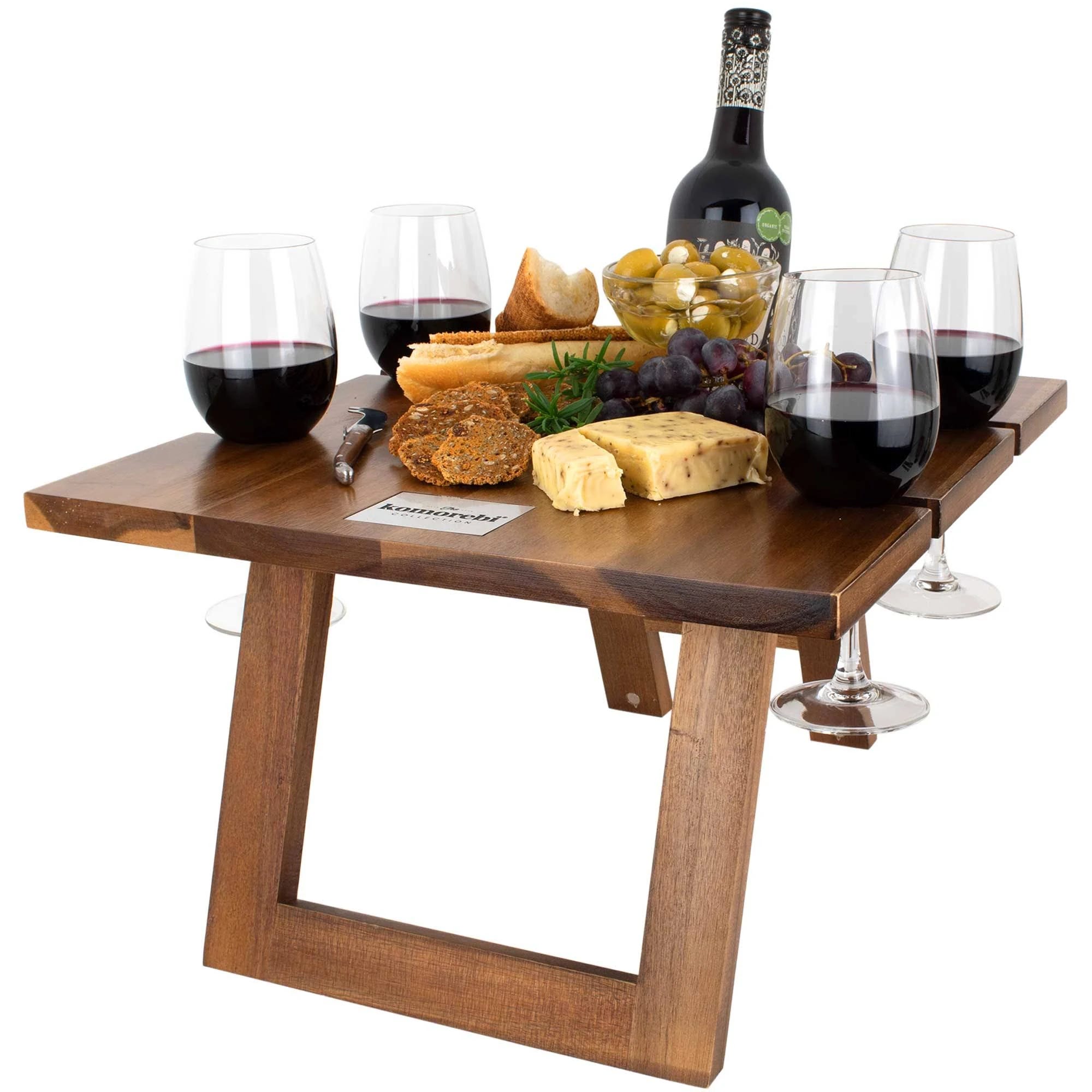 Portable Acacia Wood Picnic Table with Built-in Wine Holder | Image