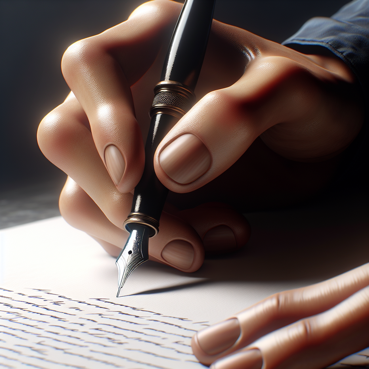 A hand holding a fountain pen poised over a blank sheet of paper.