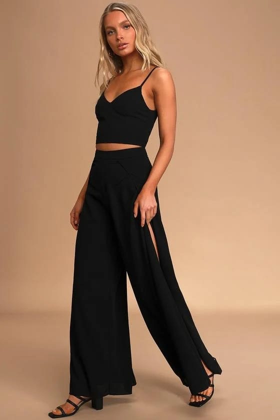 Out Tonight Black Jumpsuit with V-neck Detail and High-waisted Trousers | Image