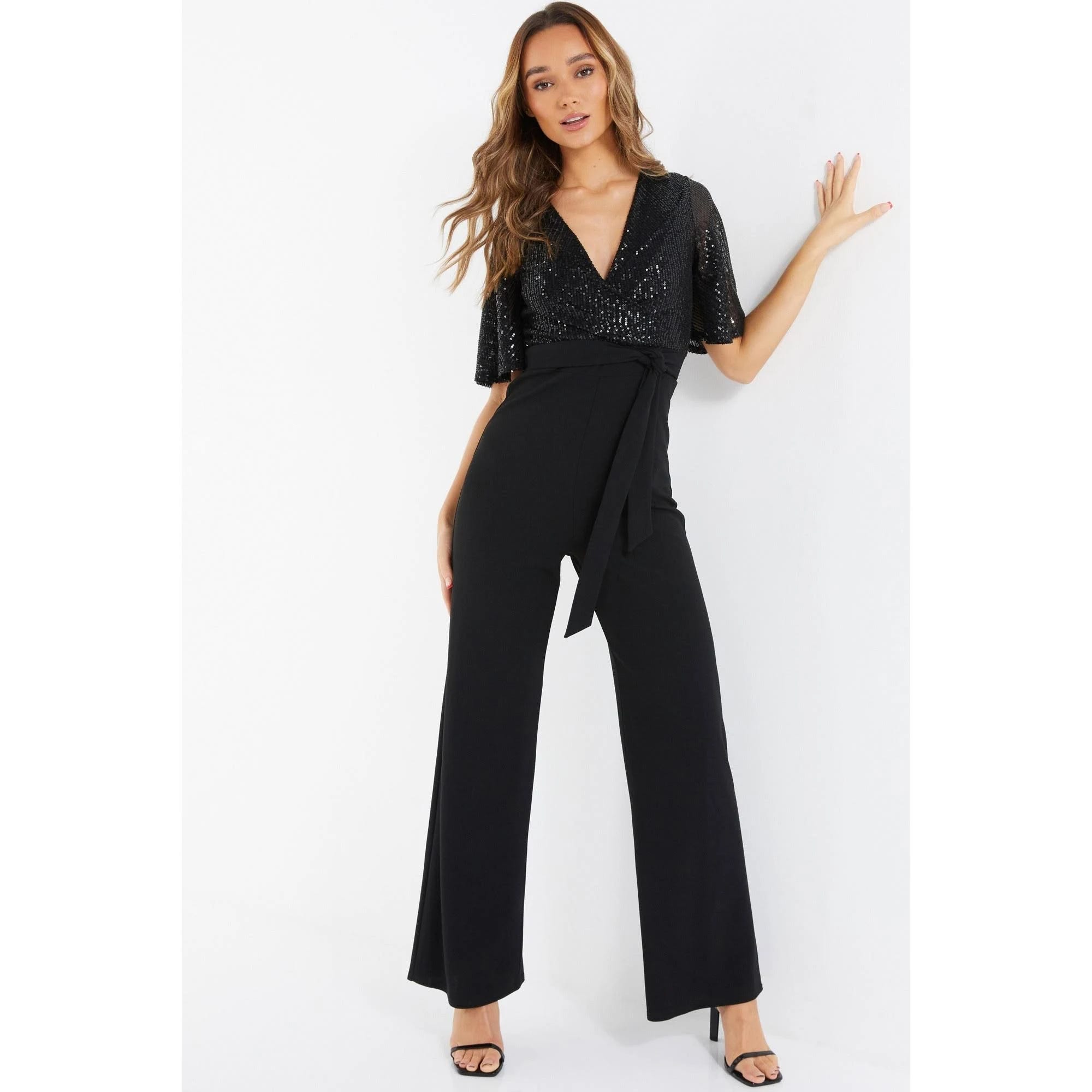 Shimmering Black Sequin Wrap Palazzo Jumpsuit | Image