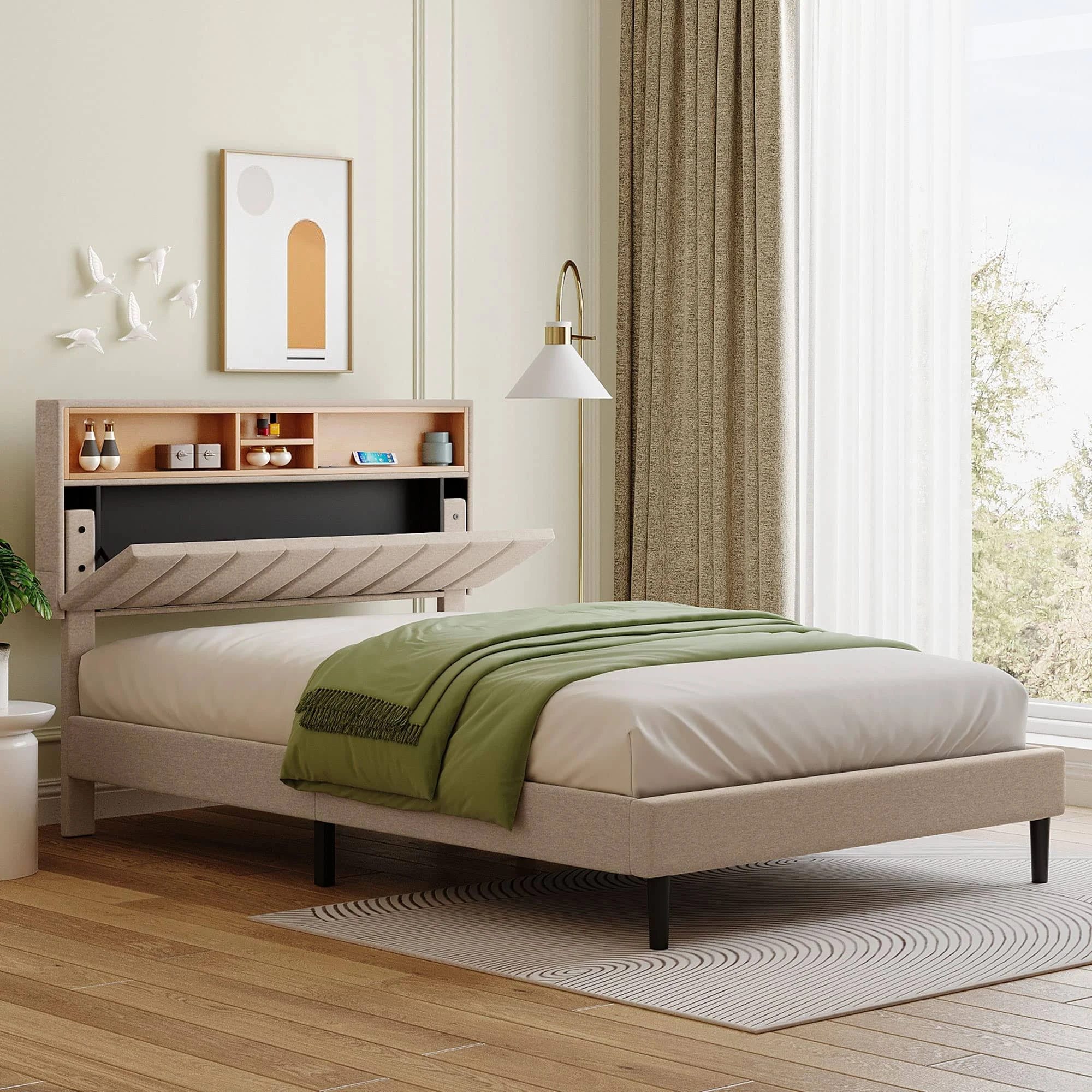 Modern Upholstered Bed Frame with Storage and USB Integration | Image