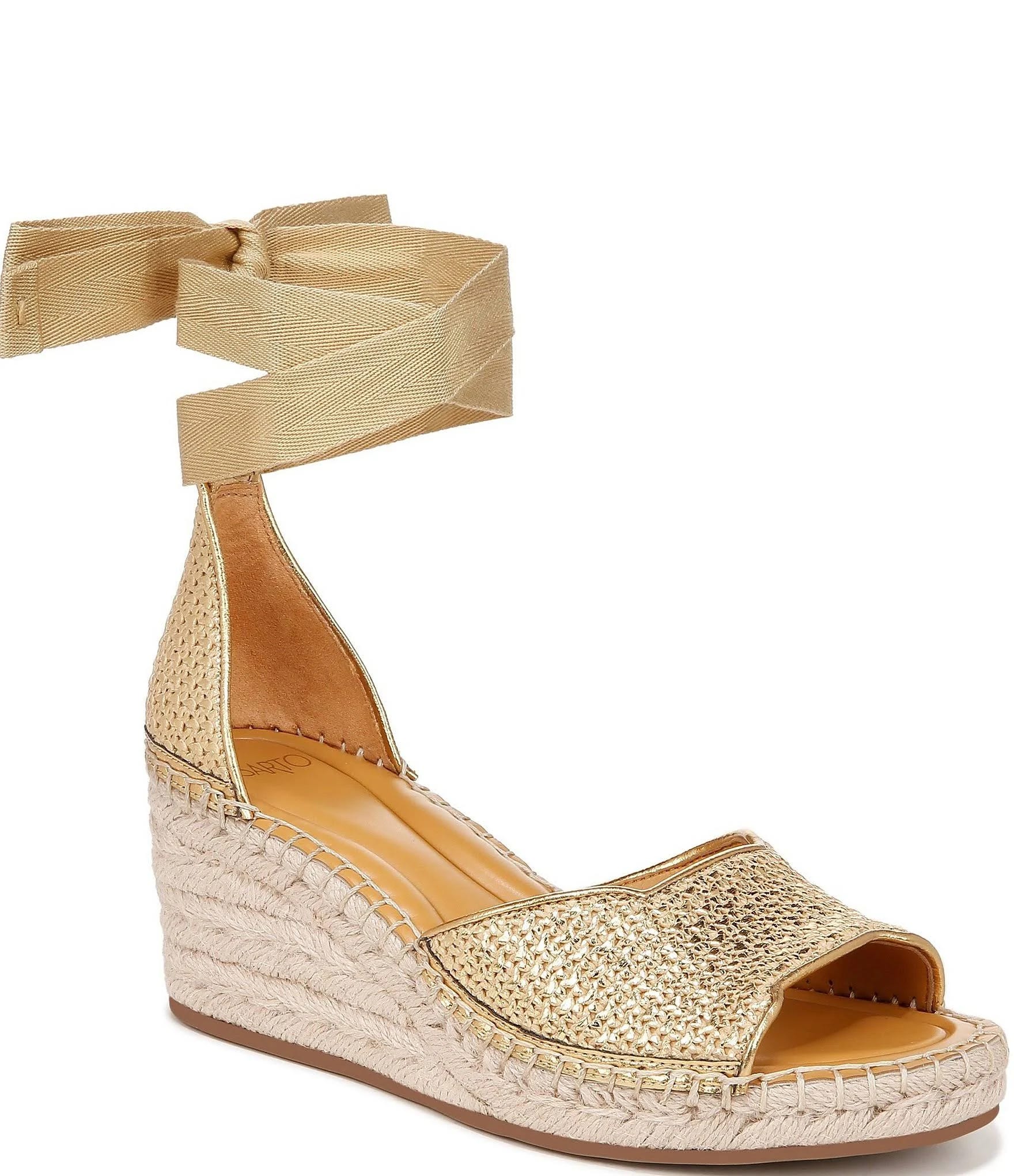 Espadrille Metallic Wedge Sandals with Lace-Up Closure (Natural, Gold Faux Leather) | Image