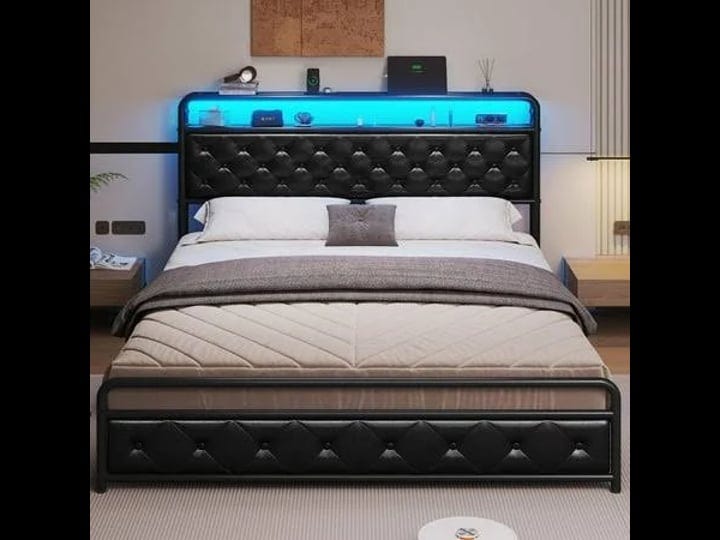 queen-size-bed-frame-with-usb-ports-headboard-led-lightfaux-leather-upholstered-platform-bed-frame-w-1