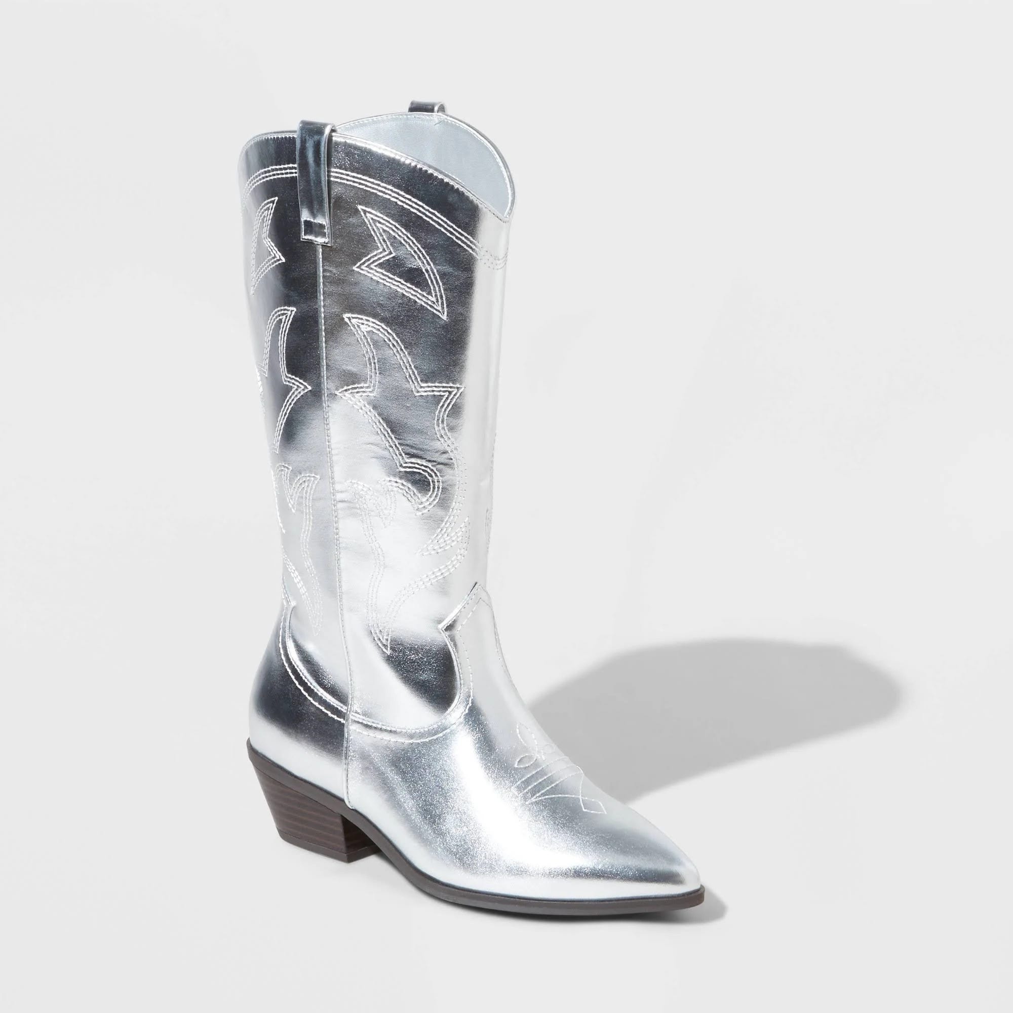 Fashionable Silver Pointed Faux-Leather Cowboy Boots | Image