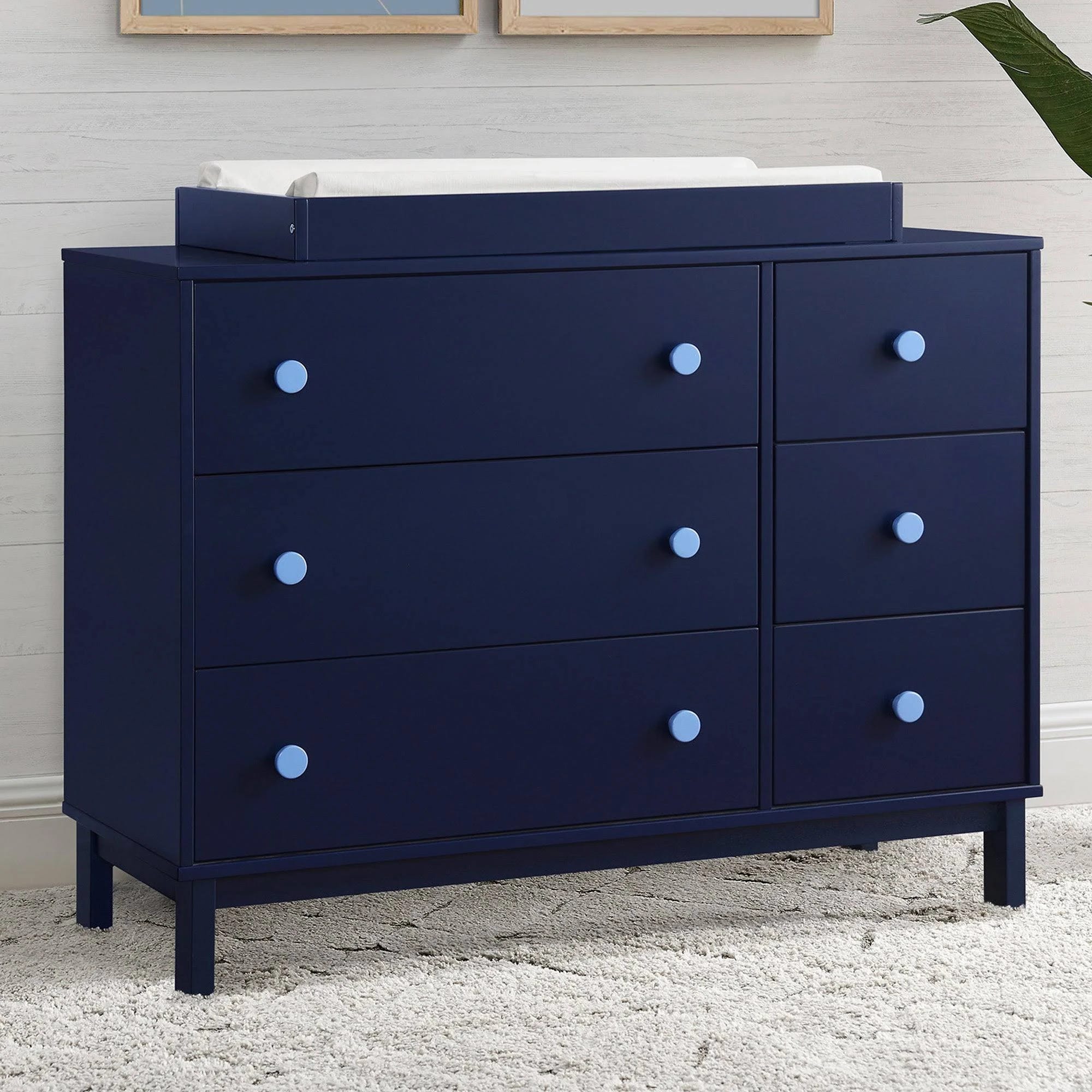 Stylish 6-Drawer Navy Blue and Light Blue Dresser for Modern Nurseries | Image