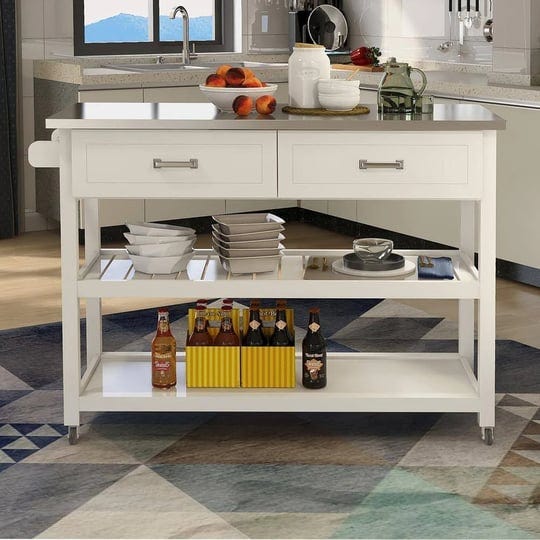 white-stainless-steel-top-47-25-in-kitchen-island-kitchen-cart-with-2-drawers-1