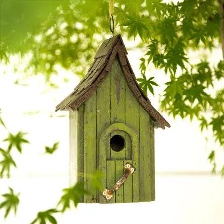 Tall Green Hand Painted Rustic Birdhouse with Single Roof | Image