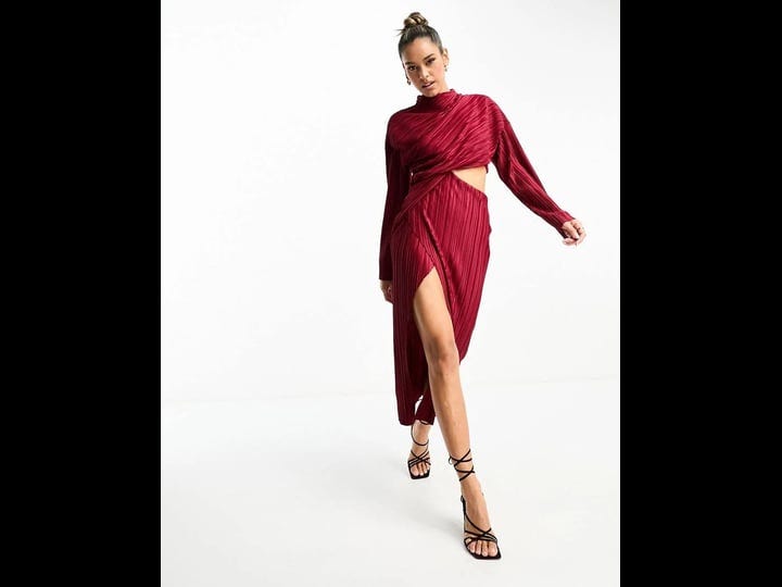 asos-design-plisse-cut-out-dress-with-wide-sleeve-and-side-twist-maxi-dress-in-wine-green-1