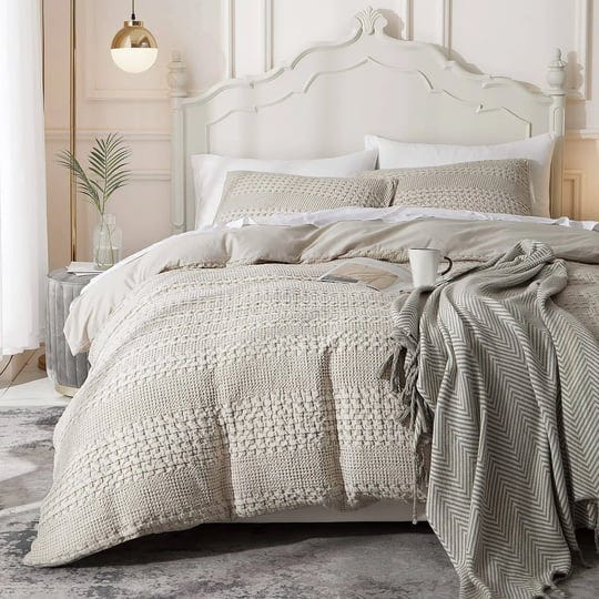 ivellow-waffle-weave-duvet-cover-set-100-cotton-king-textured-khaki-cozy-soft-breathable-skin-friend-1