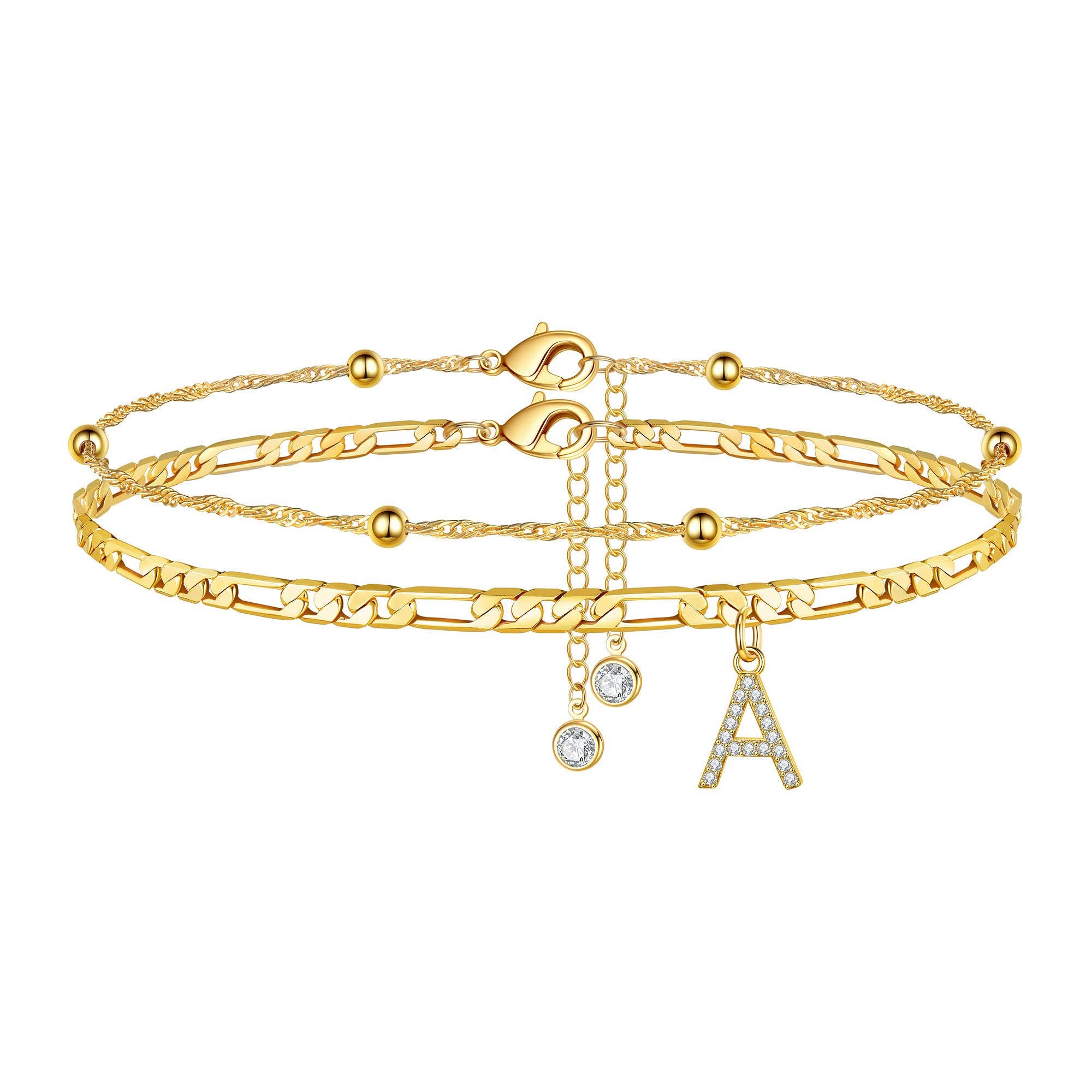 Customizable Initial Anklet - Gold-plated Figaro Chain with Lobster Clasp and Cubic Zirconia Gem | Image
