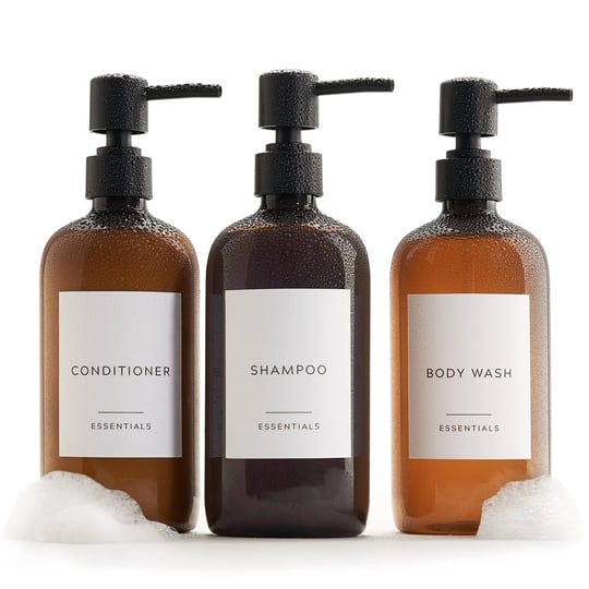 stylish-shampoo-and-conditioner-dispenser-set-of-3-modern-21oz-shower-soap-pet-bottles-with-pump-and-1