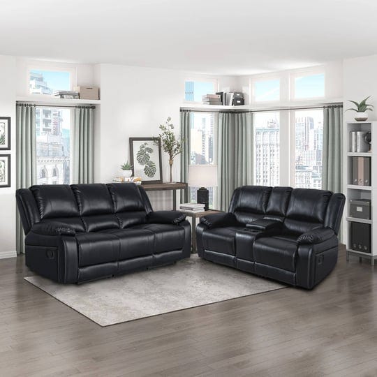 2-piece-classic-faux-leather-manual-reclining-living-room-sofa-set-with-console-and-cup-holders-blac-1