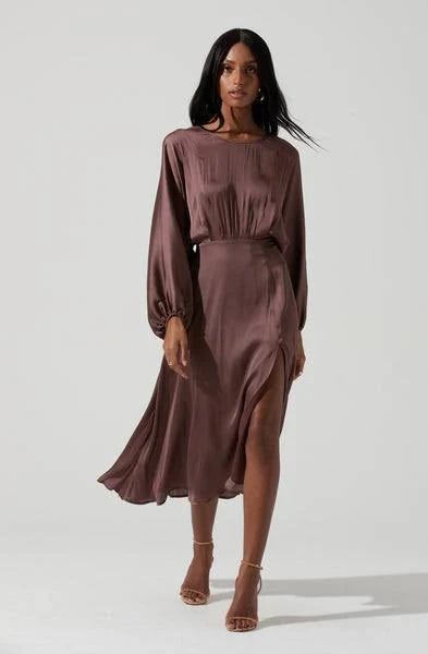 Elegant Espresso Satin-Brown Midi Dress with Dolman Sleeves | Image