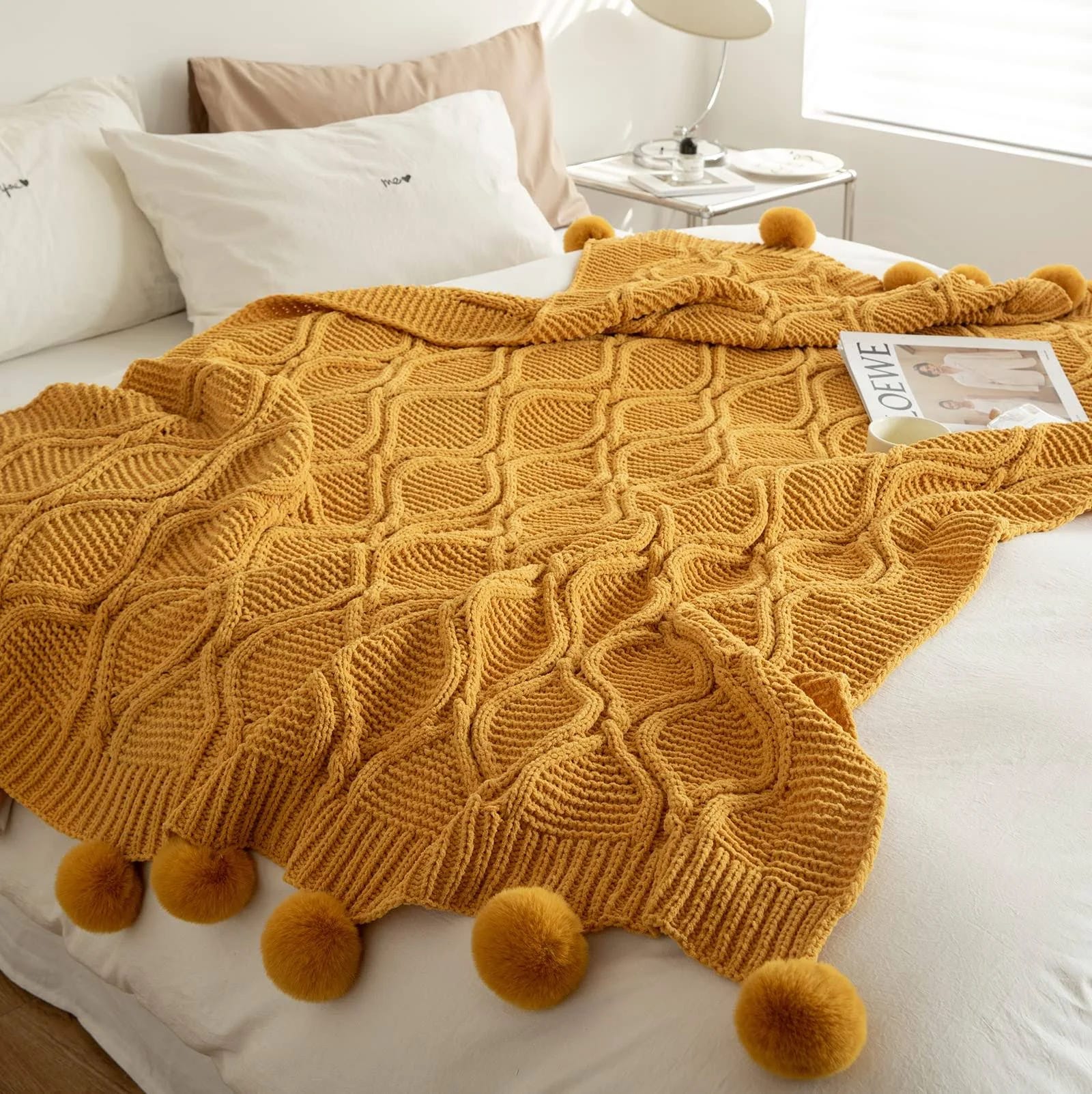 DONEUS Soft and Warm Pom Pom Knitted Throw Blanket | Image