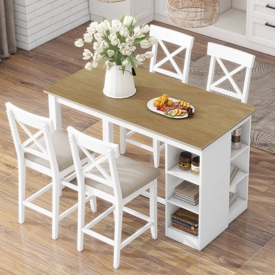 60lx30w-counter-height-dining-table-set-with-3-tier-storage-shelvesupholstered-dining-chairs-for-4-5-1