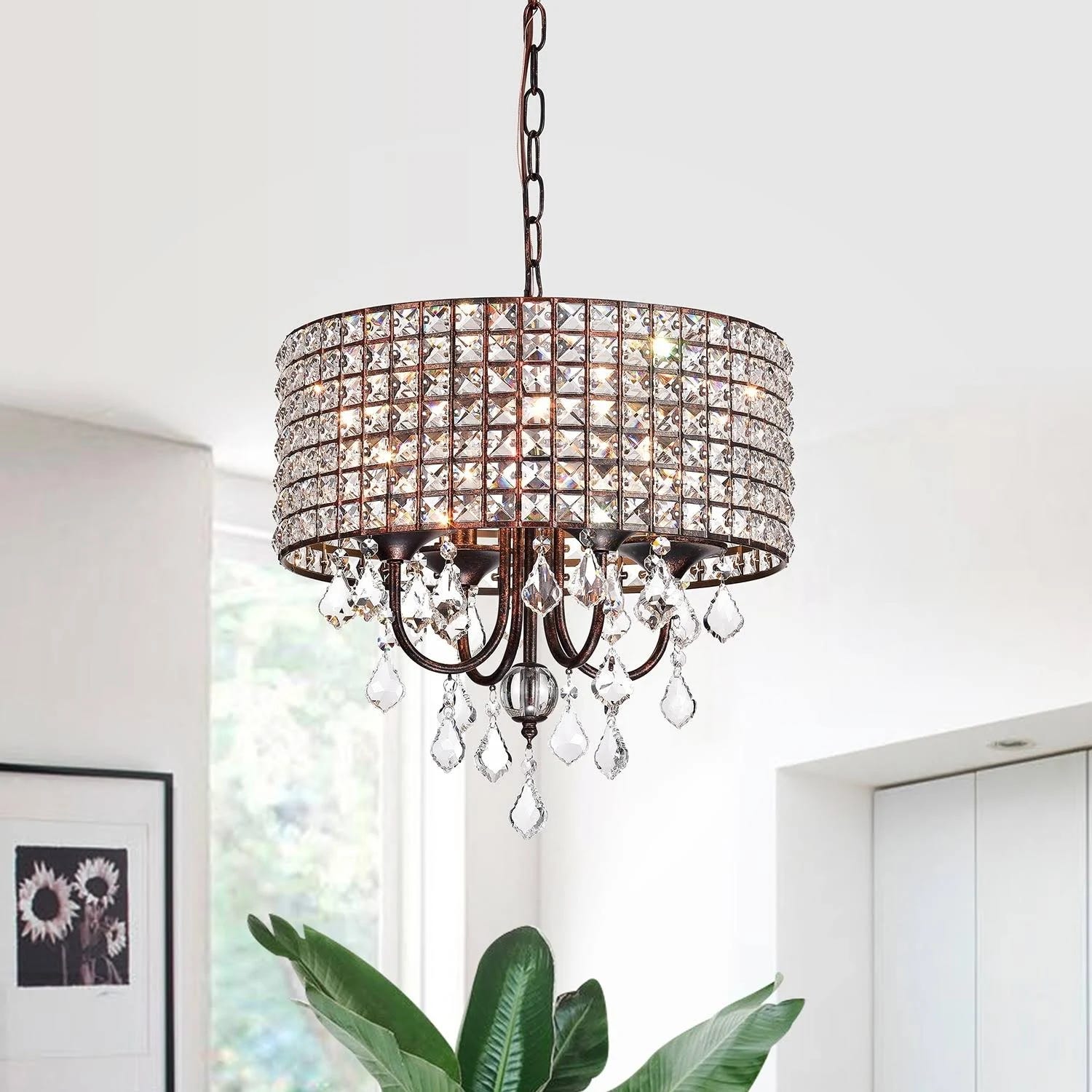 Antique Copper Chandelier with Crystal Latticed Drum Shade and Adjustable Chain | Image