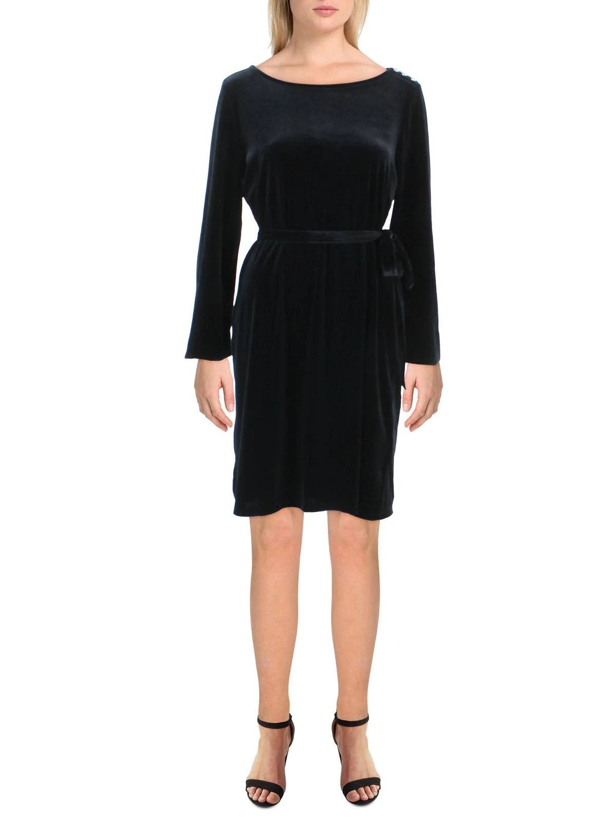 Elegant Black Velvet Sheath Dress with Long Sleeves and Tie Front | Image