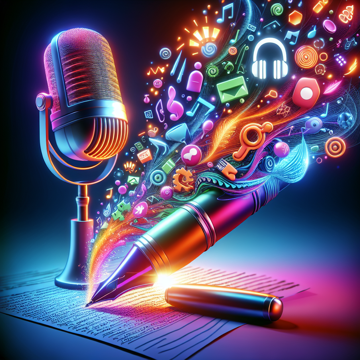 A dynamic microphone surrounded by symbols and icons commonly associated with podcast scripting and AI technology, with a high-tech pen emitting an artificial glow to represent AI writing tools.