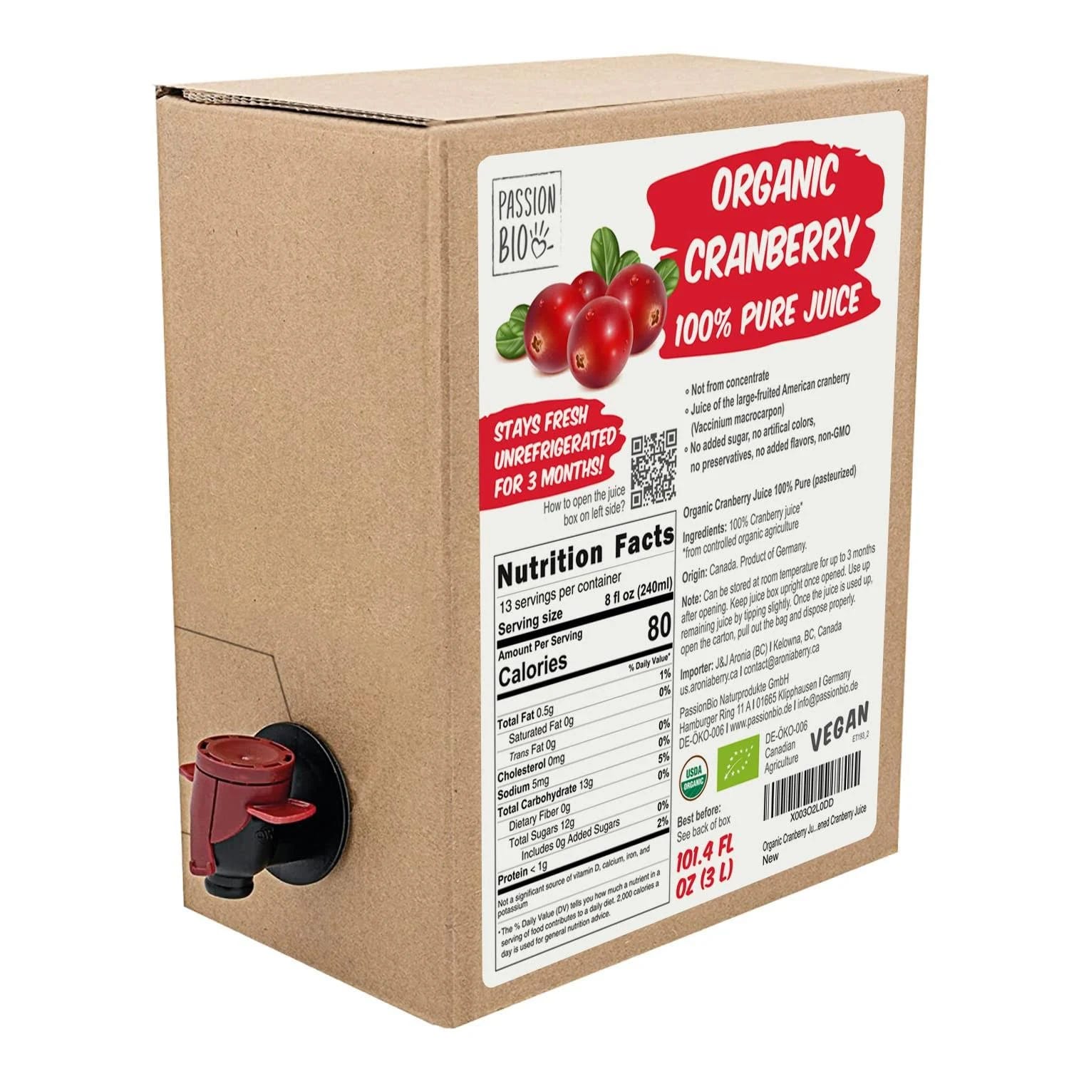 Organic Cranberry Juice Box: 
101.4 fl oz, 100% Pure, No Added Sugar, Vegan, Organic, Non-GMO | Image